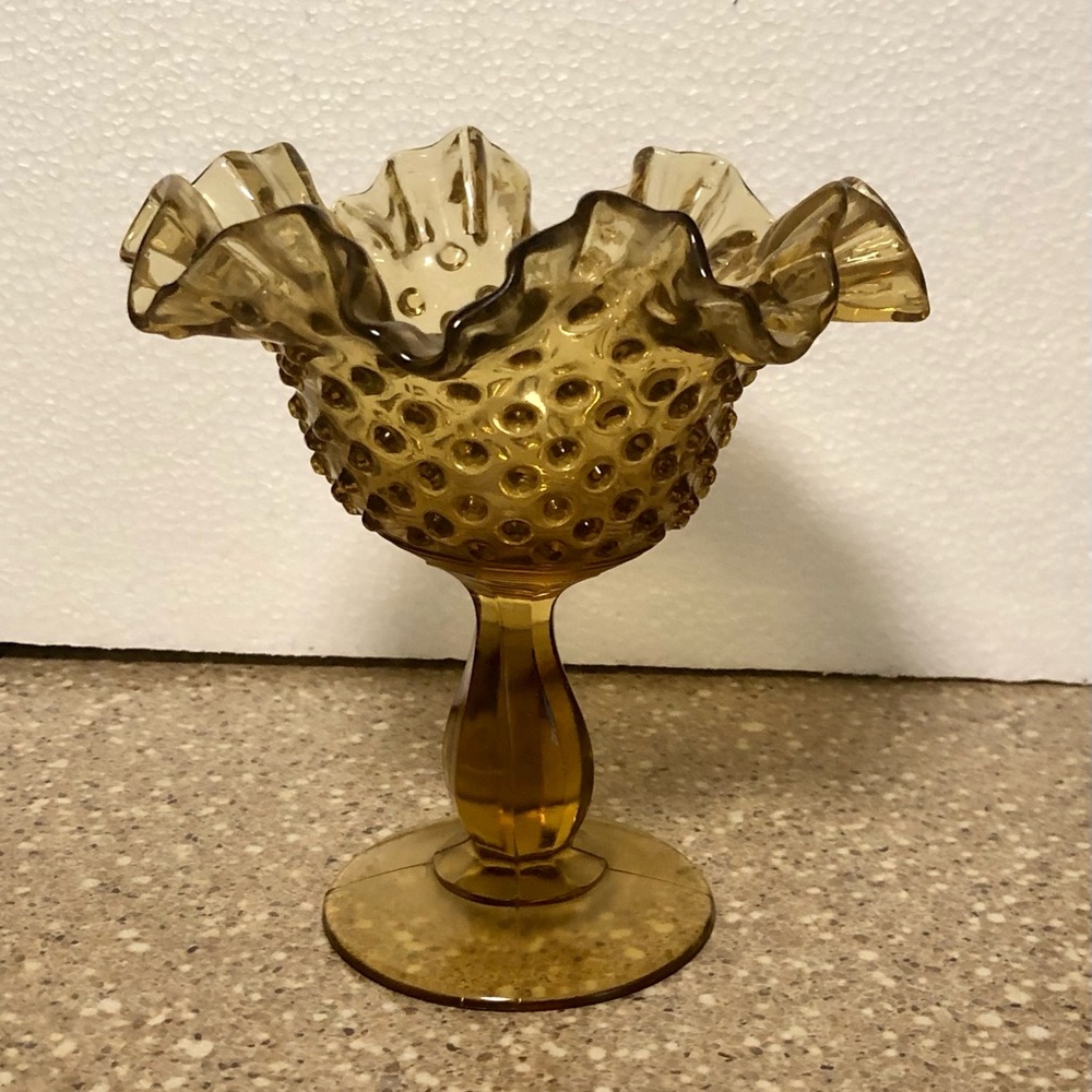 Fenton 1950s Amber Hobnail Compote Pedestal Fluted Dish 6” Tall